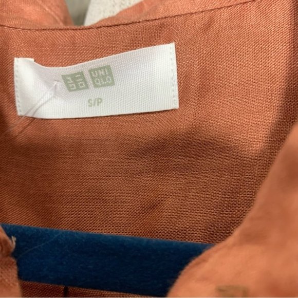 Uniqulo Rust Brown 100% Linen Button Up Shirt Women Sz S Boyfrien - Picture 6 of 10